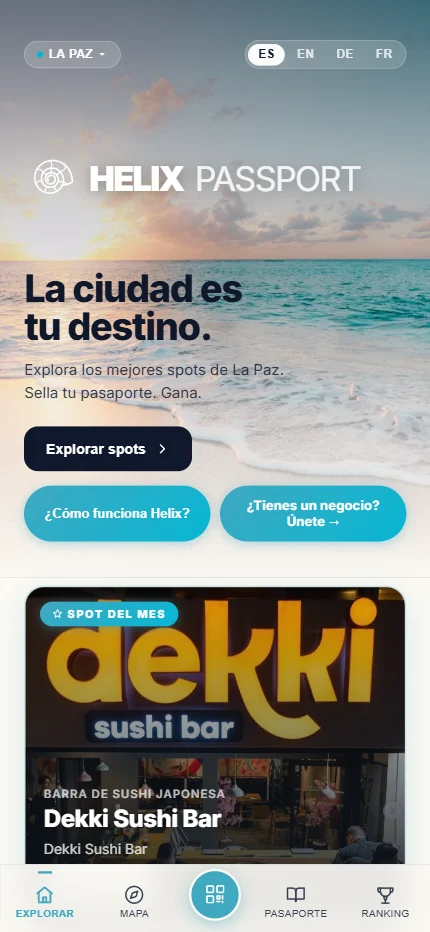 Pantalla de inicio de Helix Passport con los lugares verificados de La Paz