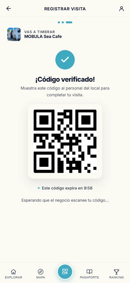 Pantalla para registrar una visita mostrando el código QR del cliente
