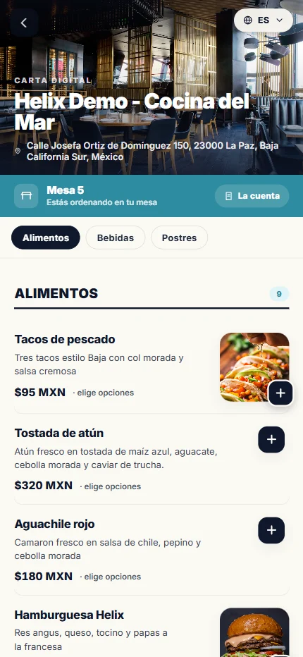 Carta digital que ve el cliente al escanear el código QR de su mesa