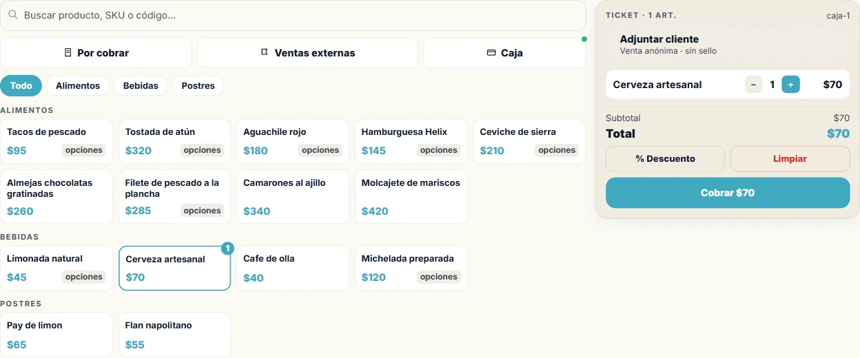 Point of sale: buscador, catálogo por categorías y el ticket con el total